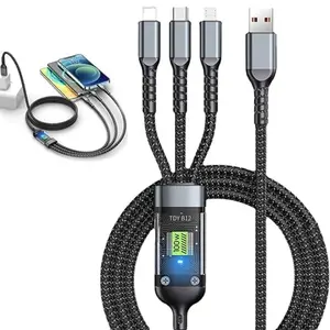 Transparent Luminous Super Fast Charging 3-in-1 Data Cable, 4 ft Nylon Braided, 100w LED Multi Charging Cable for All Cell Phone Models, Universal 3 in 1 USB Charger Cord
