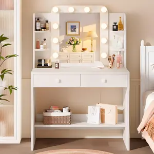 Small Vanity Desk, Vanity with Power Outlet, 3 Lighting Modes & 10 LED Bulbs- White