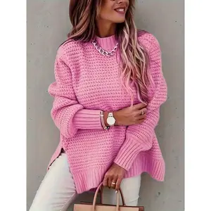 Low Hem Mock Neck Sweater, Elegant Long Sleeve Sweater Fall & Winter, Women's Clothing