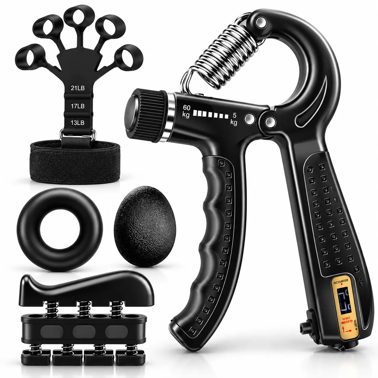5-in-1 Grip Strengthener Set | Adjustable 10–132 lbs Hand Gripper, Finger Stretcher, Grip Ring & Stress Ball | For Climbing, Gym Workouts & Piano Practice