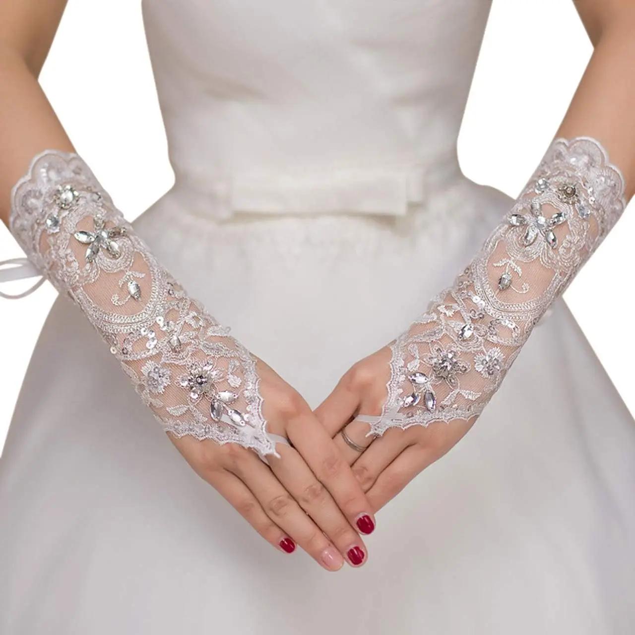 Lace Fingerless Rhinestone Bridal Gloves - Crystal Bridal Lace Gloves for Wedding Party Opera Prom