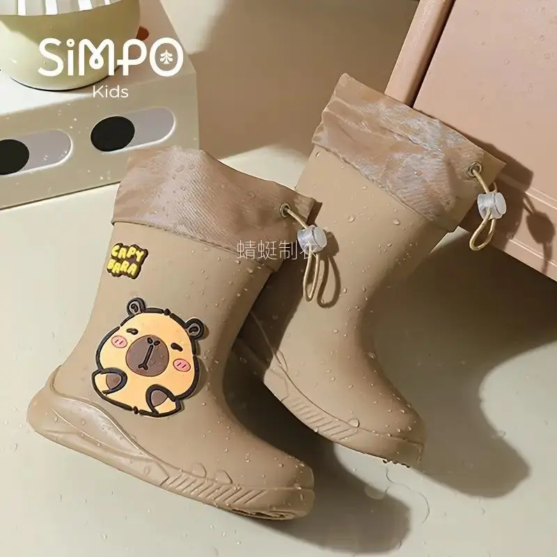 Toddler Rain Boots with Capybara Animal Print, Mid-Calf PVC Preschool Footwear with Non-Slip Sole & Adjustable Drawstring, Eva, Fabric, Us 7.5 Toddler, Drawstring Tie, Synthetic, Cute Design, Rainboots For Toddlers