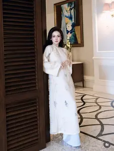 White AO dai Chiffon Blue Silk Ao Dai Dress for Special Occasions Vietnamese Bridesmaid Dress with White Top & Blue Pants Butterfly Details Modern Cut All Seasons