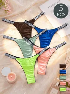 5 Pack Multicolor Shiny Satin Thong Panties, Sexy Comfortable Lingerie For Women