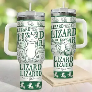 Funny Lizard Doodle Pattern Tumbler 40oz Cute Green Gecko Cartoon Reptile Lover Gift Cup With Handle And Straw