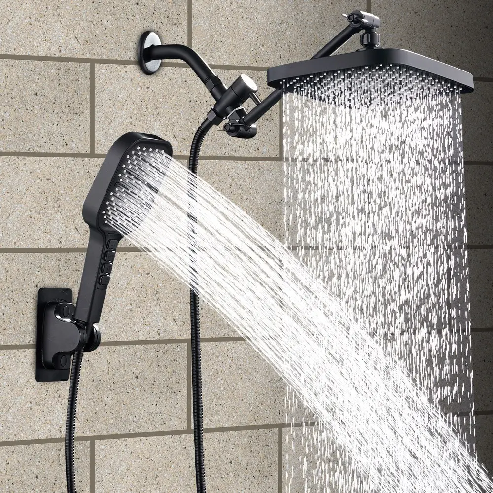 12-Inch High-Pressure Shower Head Combo with Handheld Sprayer, 11-Inch Extension Arm, 11 Adjustable Settings, Leak-Proof Design, Includes Stand and Hose, Showerhead with Handheld Sprayer
