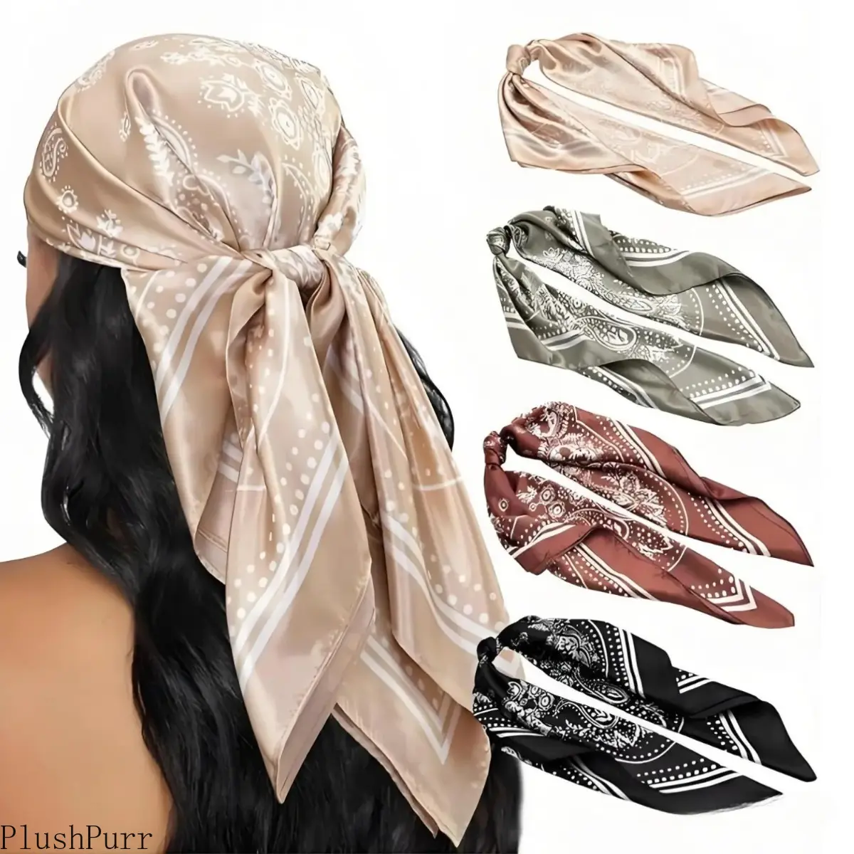 Women's 4-Pack Bohemian Faux Silk Square Scarf Set, 35-In Bag Accessory, Satin Floral Headscarf, Satin Fabric Shawl, Female, Bohemian Look tiktokshopbacktoschool, Square Shape, Headscarf Tie