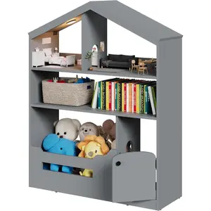 3-Tier Children's Bookshelf and Toy Storage Organizer with Motion Sensor Light – Wooden Book Rack for Playrooms, Classrooms, and Bedrooms, Gray