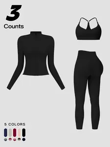Women's Solid Zip Up Jacket & Sports Bra & High Waist Tummy Control Butt Lifting Leggings Tracksuit Set, Workout Sets Women, Breathable Comfy Outfits for Yoga Gym Workout Running, Daily Wear, Ladies Sportswear for All Seasons, Pilates Outfits