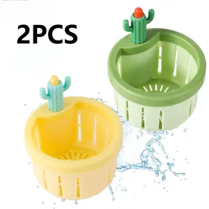 2pcs Cactus Sink Filter Basket, Versatile Kitchen Sink Strainer Cute Sink Filter Basket Kitchen Gadgets Press Automatic Dumping Basket for Home Use (Green & Yellow)