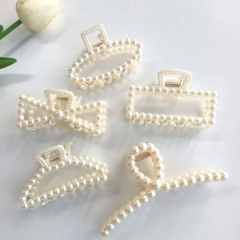 Elegant Modern Style Geometric Faux Pearl Decor Hair Claws, Gorgeous Faux Pearl Hair Claws Set, Fashion Kawaii Hair Accessories for Women, Hair Clip
