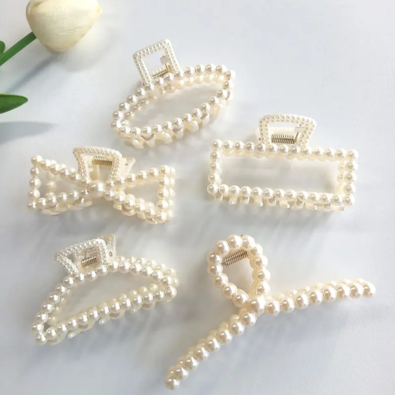 Elegant Modern Style Geometric Faux Pearl Decor Hair Claws, Gorgeous Faux Pearl Hair Claws Set, Fashion Kawaii Hair Accessories for Women, Hair Clip