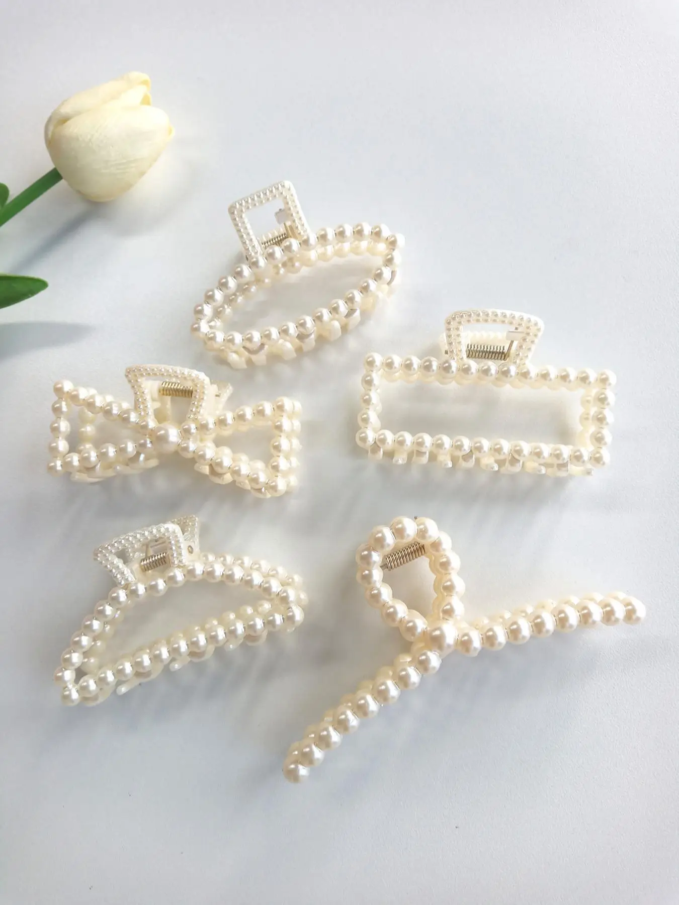 Summer 2024 Elegant Style Geometric Faux Pearl Decor Hair Claw Clips, Gorgeous Faux Pearl Hair Claws Set, Fashion Kawaii Hair Accessories for Women &
