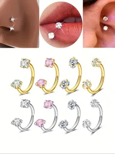 4 Piece Stainless Steel Heart Star Cz Rhinestone Hoop Nose Rings, Reusable Piercing Jewelry for Cartilage Ears Lips