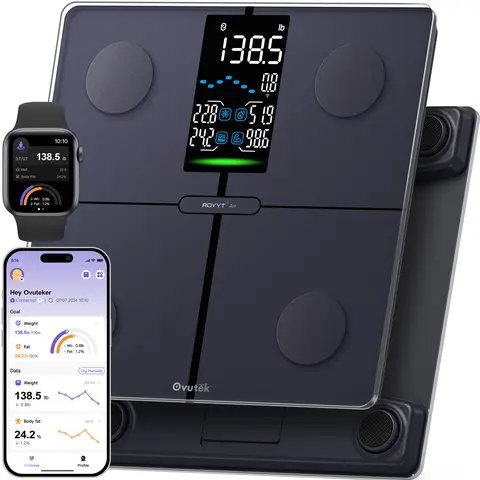 OVUTEK Smart Scale - 11x11in Multi Function Bathroom Digital Body Composition Monitor, 5" LED Screen Tempered Glass Scale with BMI, Body Fat, Muscle Mass, 0.05lb/100g Accuracy, Fitness App Compatibility, Athlete Mode, 400lbs Capacity