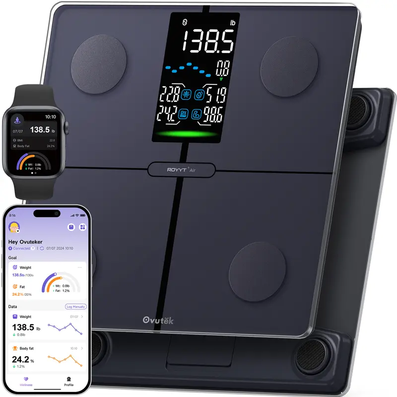 OVUTEK Smart Scale - 11x11in Multi Function Bathroom Digital Body Composition Monitor, 5" LED Screen Tempered Glass Scale with BMI, Body Fat, Muscle Mass, 0.05lb/100g Accuracy, Fitness App Compatibility, Athlete Mode, 400lbs Capacity