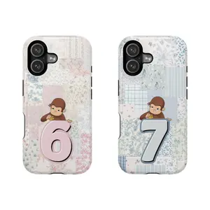 Matching Striped Curious George Number 6 & 7 Phone Cases for Best Friends |   Patchwork Vintage Cartoon Book Cover |   iPhone Samsung Retro PBS Kids Gift |   Cover for IPhone 17 16 15 14 13 12 Max Pro Samsung galaxy 22 23 24 25 26