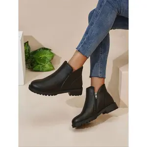 Women's Mid-Calf PU Leather Boots, Comfortable Thick Sole Casual Fashion Classic Booties, Fall & Winter Pointed Toe Shoes, Casual Ankle Boots