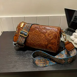 Vintage Wide Strap Ethnic Flower Embossed Crossbody Bag, Fashion Shoulder Purse For Women, Cylinder Bag