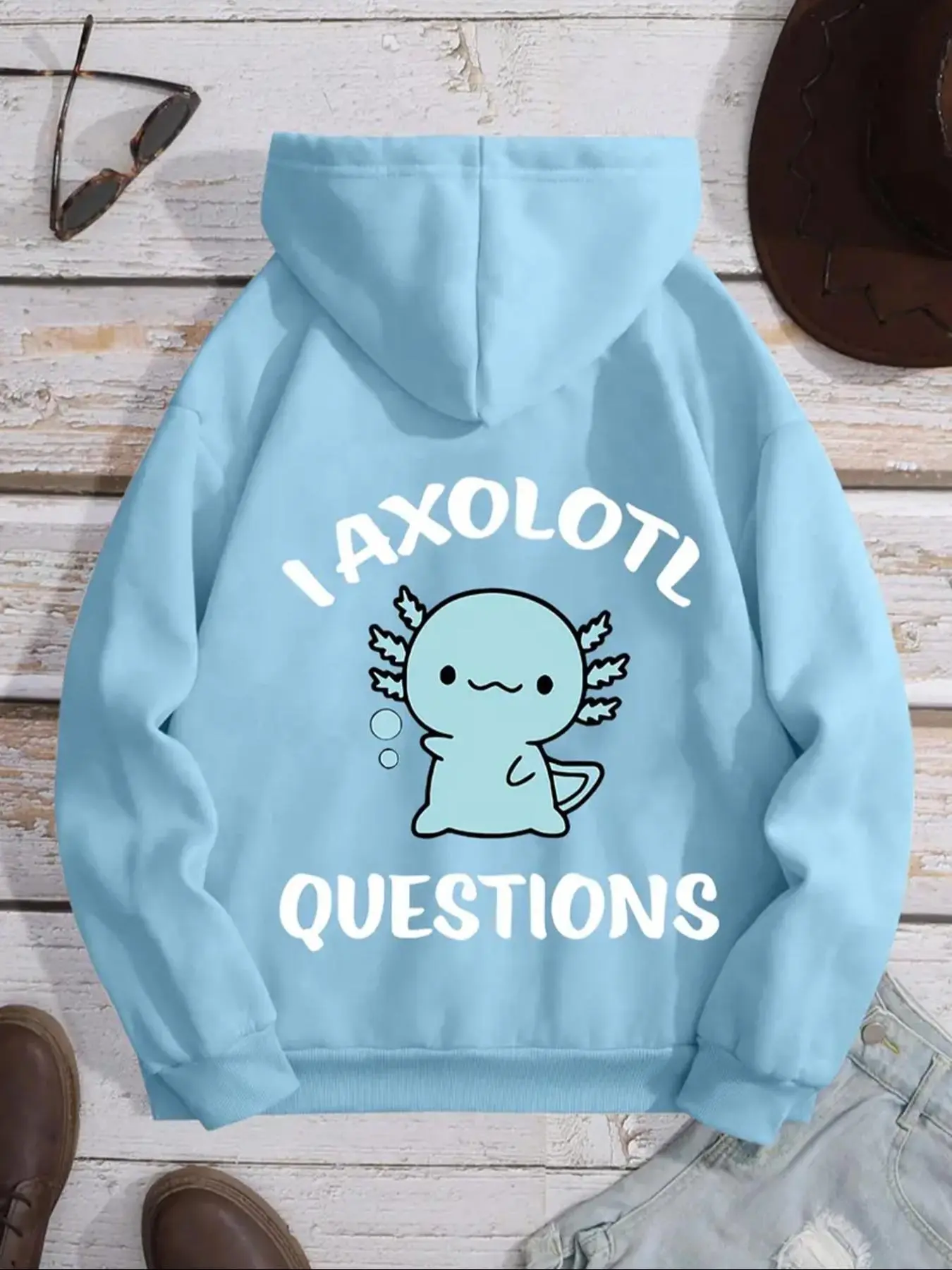 Women's Cartoon Axolotl & Letter Print Hoodie, Casual Comfy Kangaroo Pocket Hoodies for Fall & Winter, Women's Clothes for Daily Wear