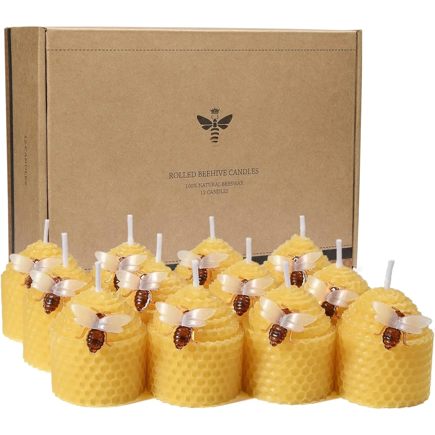 Beeswax Candles Bulk Set of 12, Small Bee Votive Candles with Little Bee Decorations as  (Yellow)