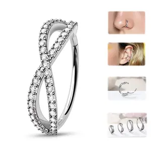 OUFER BODY JEWELRY 20G Rhinestone Crossed AAA+ Grade Hinged Segment 316L Stainless Steel Double Hoop Nose Ring - Hinge Open, Multi-Size 6mm/7mm/8mm, Elegant Design for Nose Piercing & Daily Wear, Double Nose Piercing