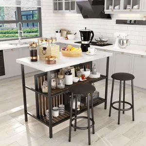 Hooseng 3-Piece Kitchen Island Set with 2 Stools | Faux Marble Top Table with Storage Shelves | Easy Assembly & All Tools Included | Modern Bar Table for Kitchen, Dining Room & Small Spaces