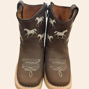 Authentic Leather Cowboy Boots with Embroidered Horses & Dragonfly Design for Western Style Comfortable & Durable Cow Hide Material