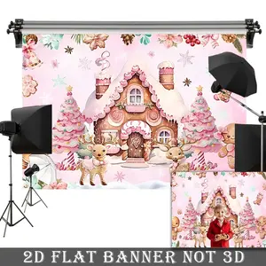 2D Flat, 1pc Christmas Gingerbread House & Candyland Scene Backdrop Banner - Pink Holiday Party Decorations Banners with Snowy Village, Gingerbread House, and Festive Characters - Polyester Material for Christmas Celebrations, Christmas Decorations