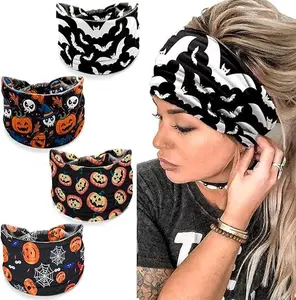 4 Pcs Halloween Headbands for Women, Wide Turban Dress Up Costume Headband, Pumpkin Spider Web Bad Skeleton Hair Band
