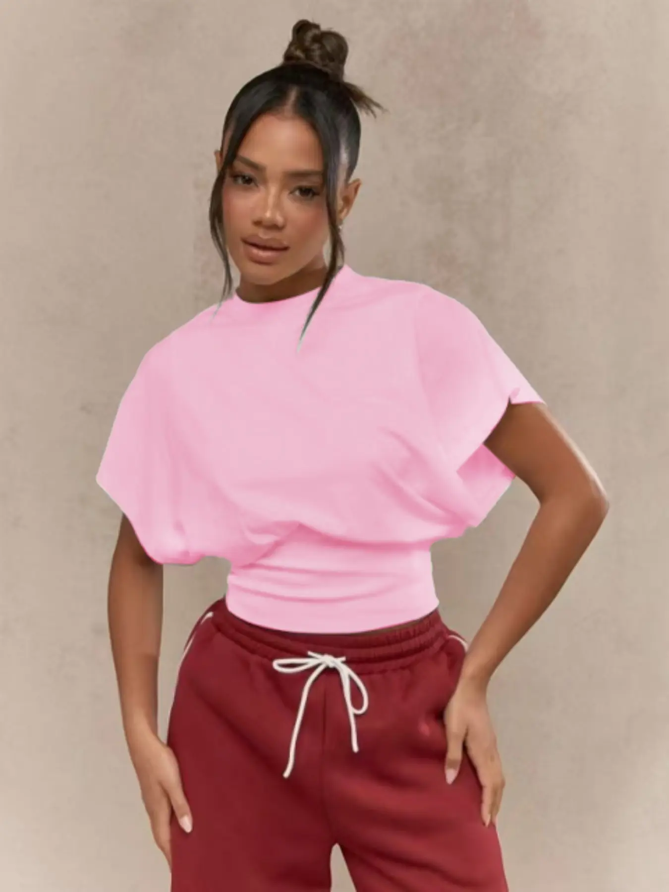 Simple Basic Solid Color Round Neck Short Sleeve T-Shirt, Loose Batwing Sleeves Waist Cinching Fit Top, Casual Streetwear Versatile Summer Wear