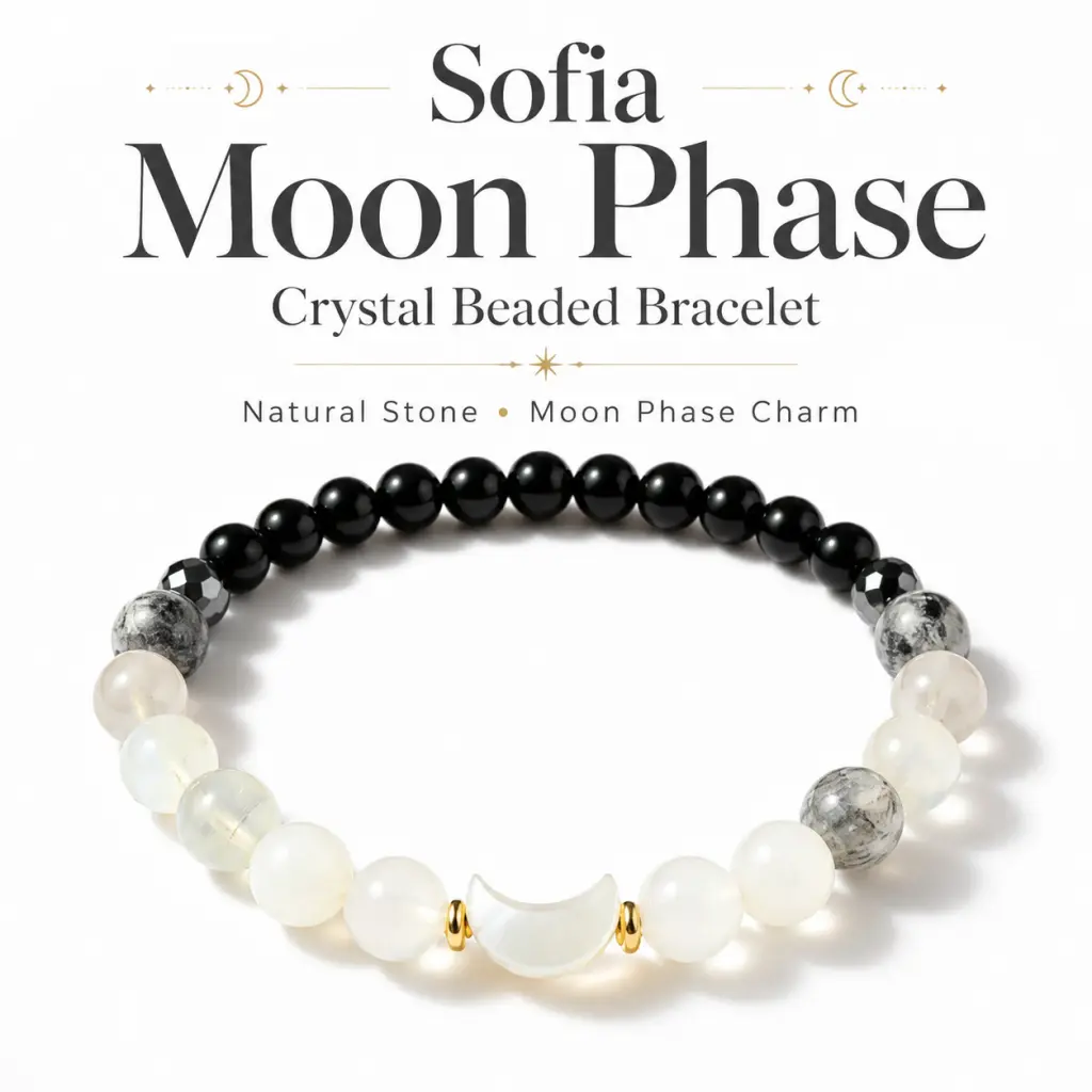 Viral Sofia Moon Phase Crystal Beaded Bracelet, Daily Casual Evening Outfit, Polished Natural Stone Lunar Design Jewelry, Dainty Thoughtful Gift for Her