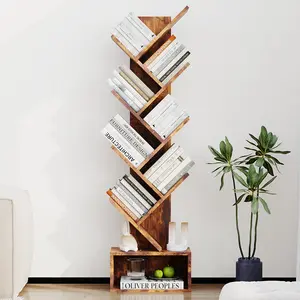 8-Tier Wooden Tree Bookshelf, Tall Space-Saving Bookcase with Storage, Modern Display Rack for Living Room, Bedroom, Home Office, Brown