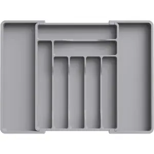 Silverware Drawer Organizer, Expandable Utensil Organizer for Kitchen Drawers, Adjustable Cutlery and Flatware Tray, Plastic Spoons Forks Knives Holder Storage Dividers, Large, Gray