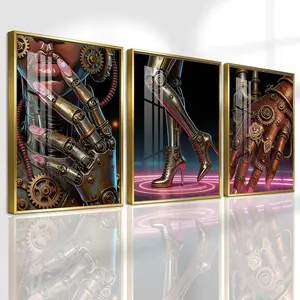 3 Counts Aluminum Alloy Framed Painting, Futuristic Cyberpunk Robot Art Pictures, Home Decoration For Living Room, Bedroom, Office, Restaurant, Hallway Wall Decor, Odorless Print Artwork, Luxury Perfect Gift For Friends And Family