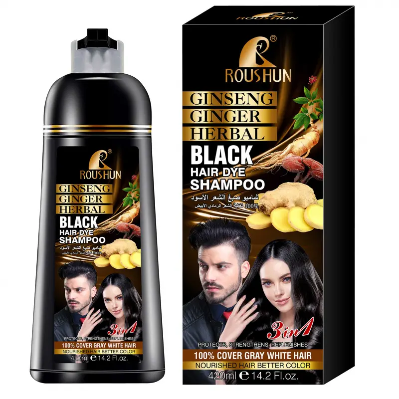 420ml ROUSHUN Black Hair Shampoo Hair dye Ginseng, ginger, black hair dye, moisturizing hair, cleansing care, Haircare, dyeing and conditioning shampoo, 3 in 1 Hair Coloring Products Semi Permanent Hair Dye Covers Grey Hair