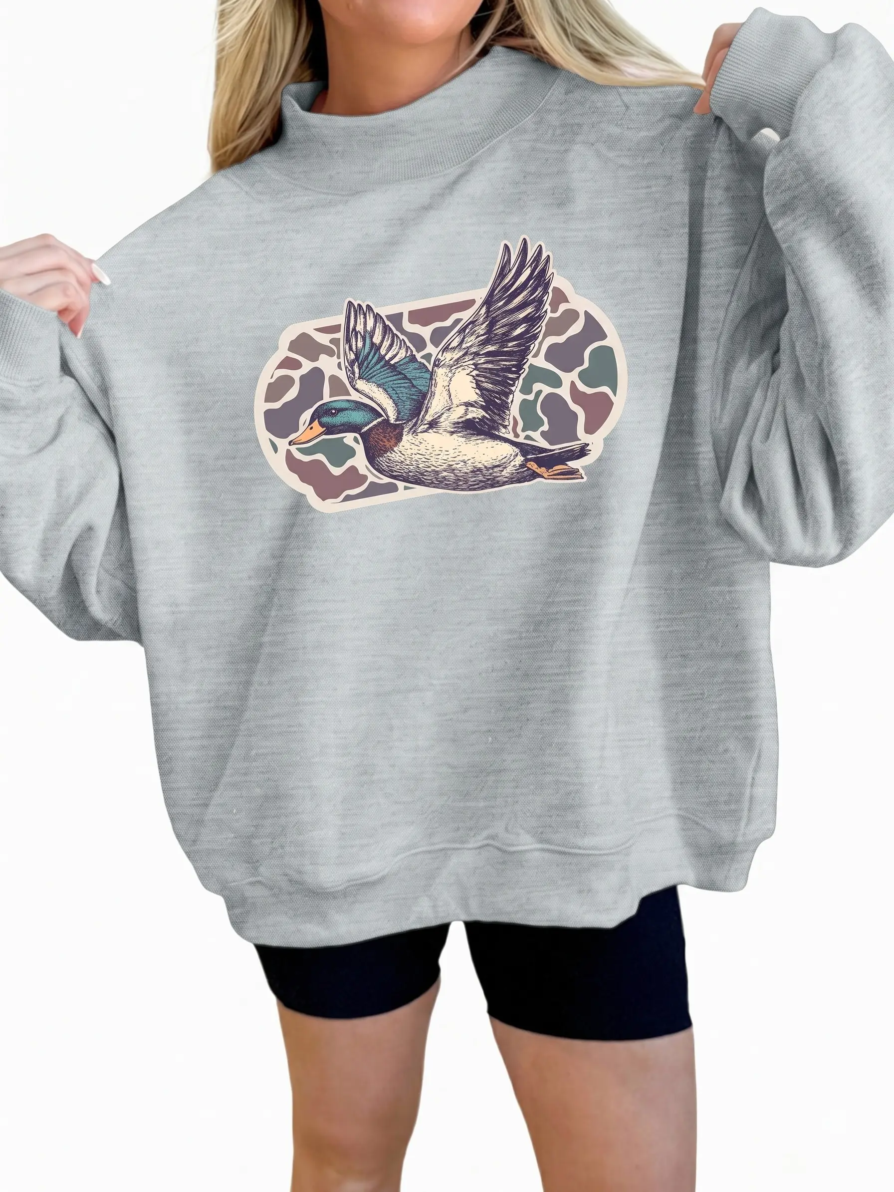Women's Mock Neck Sweatshirt Vintage Mallard Duck Graphic Pullover Casual Long Sleeve Camo Print Top