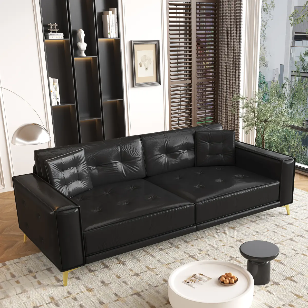 Sofa Bed, 92.1" King Size 3-in-1 Pull Out Sleeper Sofa, Faux Leather Convertible Couch Bed, Dark Brown 4-Seater Tufted Sofa with Extra Wide Armrests & 2 Pillows for Living Room, Apartment, Guest Room