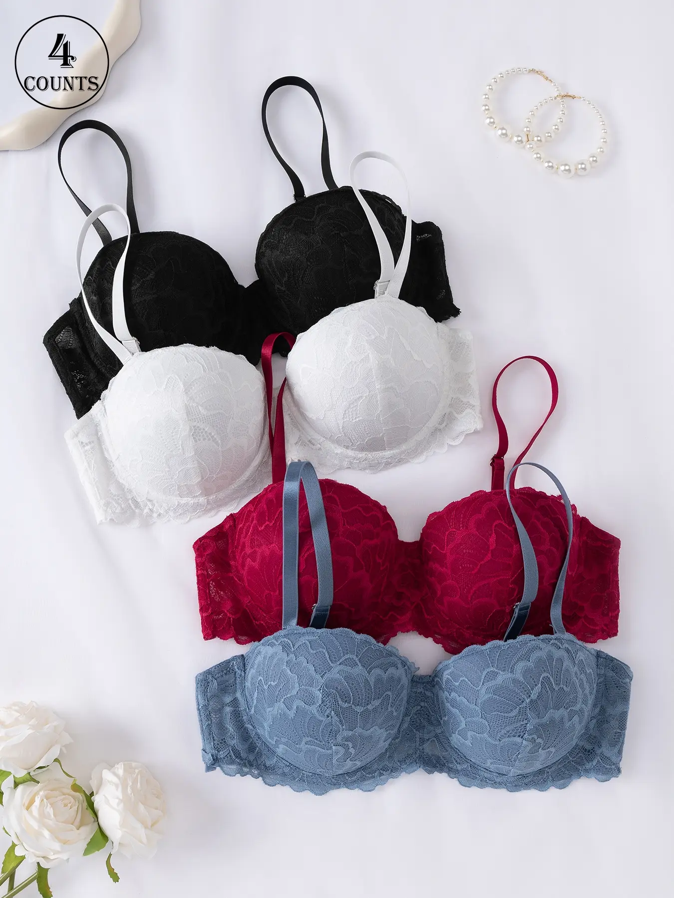 4-piece Solid Color Lace Floral Sexy Bra Women's Sexy Bra, Unlined Lace Bra, Balconette Bras, Underwire Push Up, Push-Up and Lift to Enhance Bust Shape, Lace-Trimmed, Lightweight, Breathable and Comfortable, Solid Color Underwear for All Seasons Pack Bras