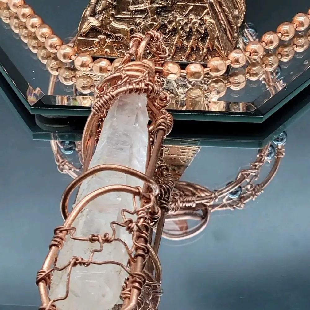 Quartz 24 inch copper necklace and adjustable cuff bracelet with hematite set -