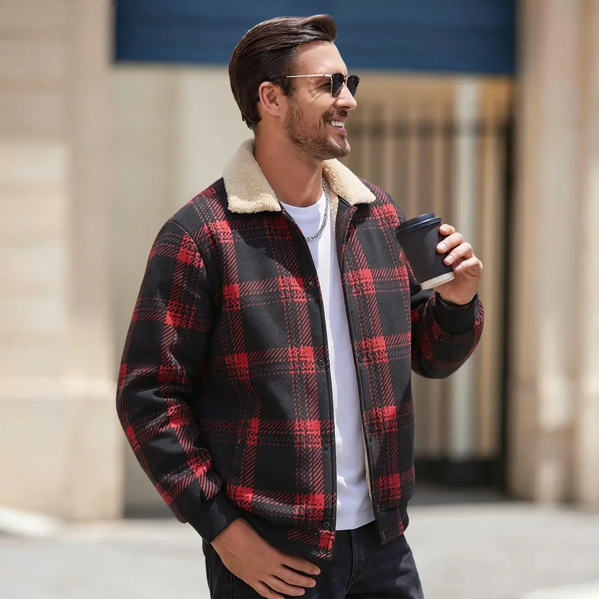 Men's Shearling Fleece Thick Lapel Collar Fleece Jacket, Lock‑Warm Cold‑Resistant Skin‑Friendly Warm Fleece Fabric, Casual Commute Style, Autumn Winter Outdoor Hiking Daily Outing, Full Shearling Lining
