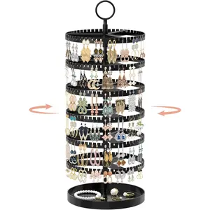 Idavosic.Ly 6 Tier Rotating Earring Holder Organizer with Metal Tray, Adjustable Plastic Dangle Display Stands Tree with 342 Grooves, Large Hoop Storage Rack Tower, Black iDavosic.ly