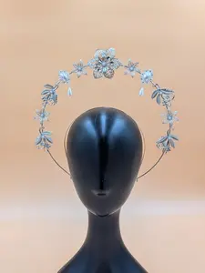 Silver Filigree Pearl Halo Crown, Vintage Bridal Headpiece