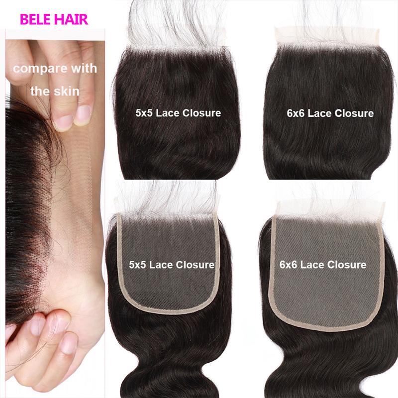 BELE HAIR 6x6 Lace Closure With Bundles For Quick Weave Hairstyle Body Wave Bundles With 5x5 Transaprent Lace Closure Brazilian Hair Bundles With Lace Closure Natural Black Color For Women  Unprocessed Weave Bundles Extension With Swiss Lace Closures