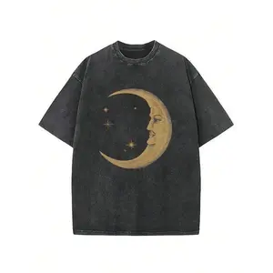 Vintage Washed Graphic T-Shirt, Moon Face & Stars HD Digital Printed, Round Neck Short Sleeve, Oversized Relaxed Straight Hem Casual Tee