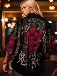 Unisex Loose Fit Streetwear Shirt, Anime Ghost Pattern, Summer Sun Protection Kimono Jacket, Casual Thin Ice Fabric Outerwear