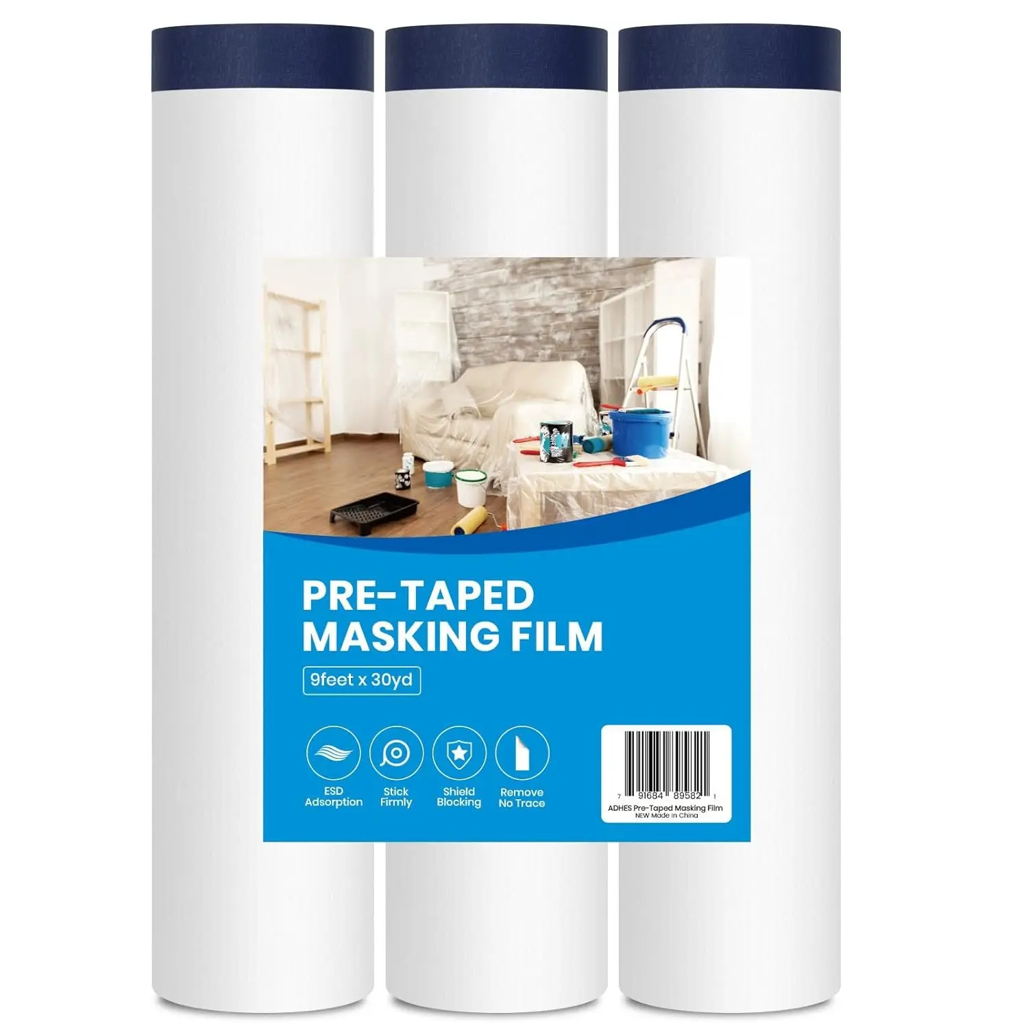 Painters Plastic with , 102 inch x 90  x 3 Rolls Painters  with Plastic Attached, Pre d Masking Film for Automotive Painting Covering