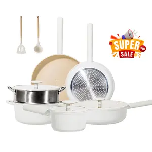 JEETEE 15-Piece Ceramic Cookware Set Non-Stick Pots & Pans with Removable Handles Dishwasher Safe PFAS-Free Stackable Compact Kitchenware