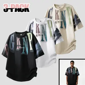 Men's 3 Pack Oversized T-Shirts, Abstract Brushstroke Style Embroidered Letter Loose Fit Casual Tees, Urban Streetwear Tops for Daily Wear