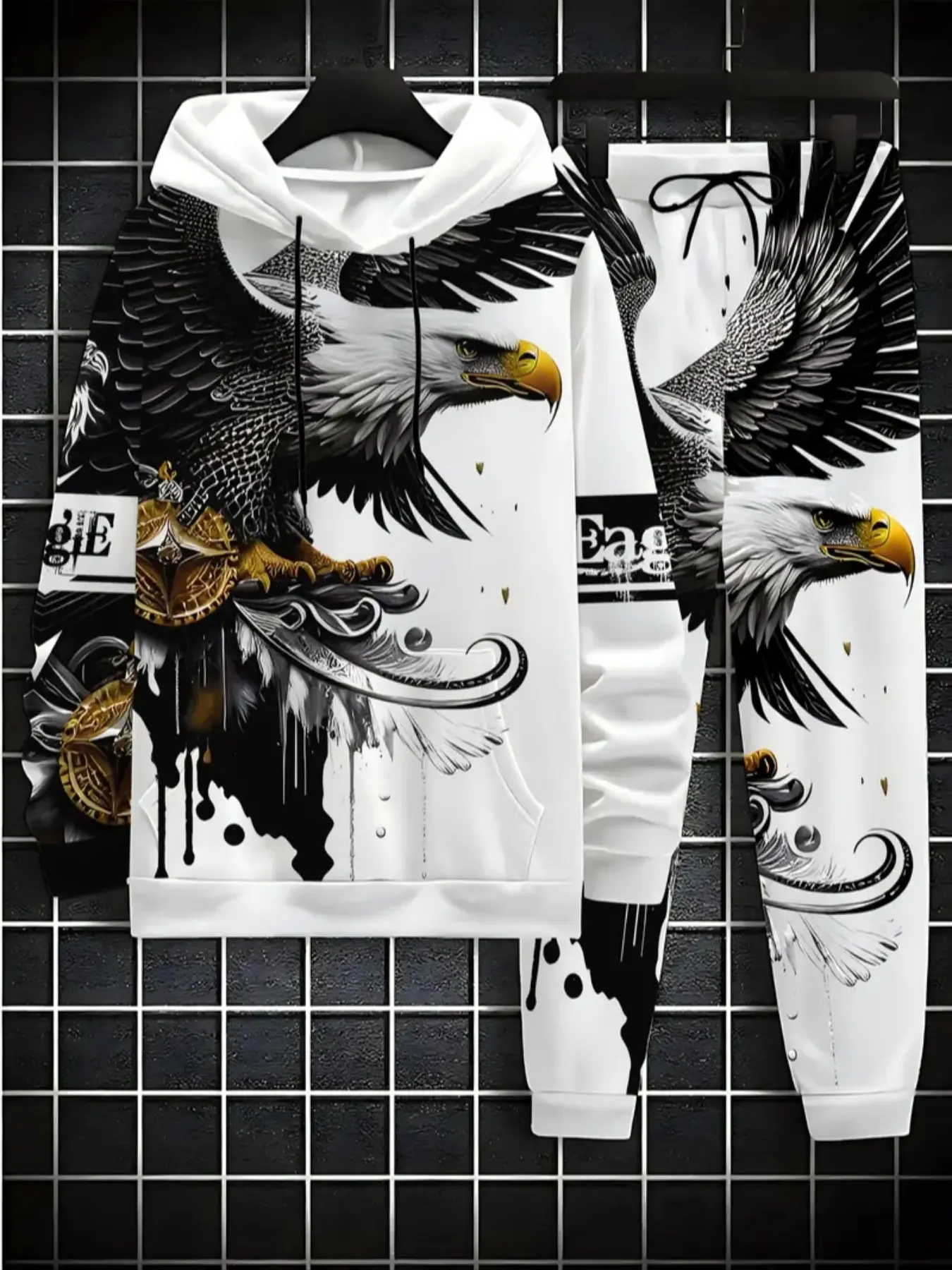 Men's Fall & Winter Sportswear Set, Long-Sleeved Hooded Top, Fitted Animal Eagle Pattern Design, All-Over Printed Two-Piece